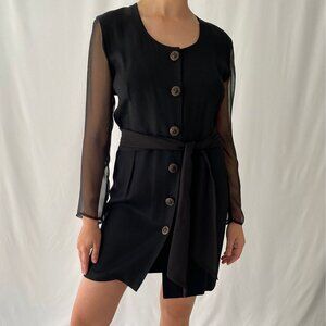 80s vintage black chic office secretary sheer long sleeved button up midi dress